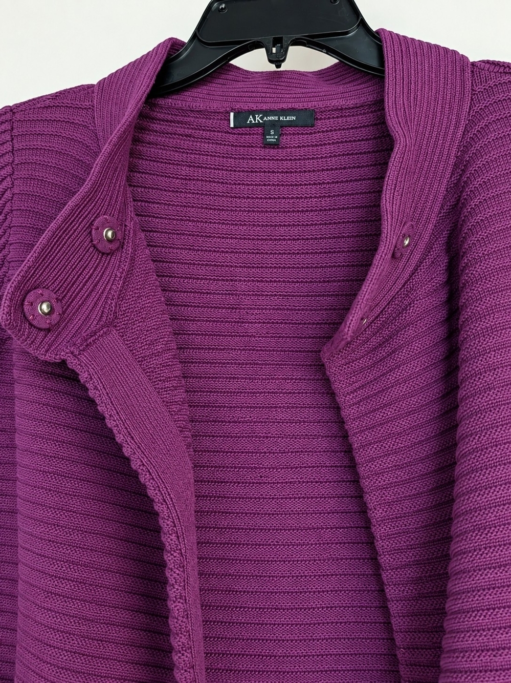 Anne Klein Plum Ribbed Shawl-Collar Cardigan with Snap Details